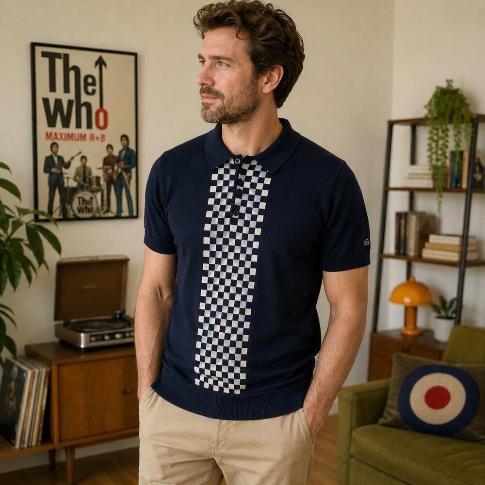 Merc London Jarvis Men’s Medium Navy Checkerboard Knit Polo Shirt Mod Retro